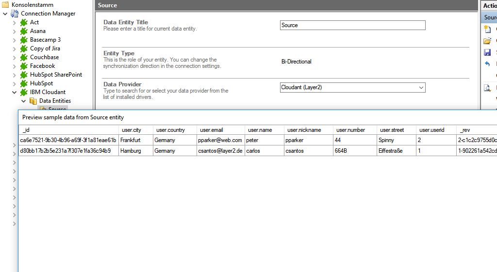 Preview data of Cloudant integration in the Layer2 Cloud Connector