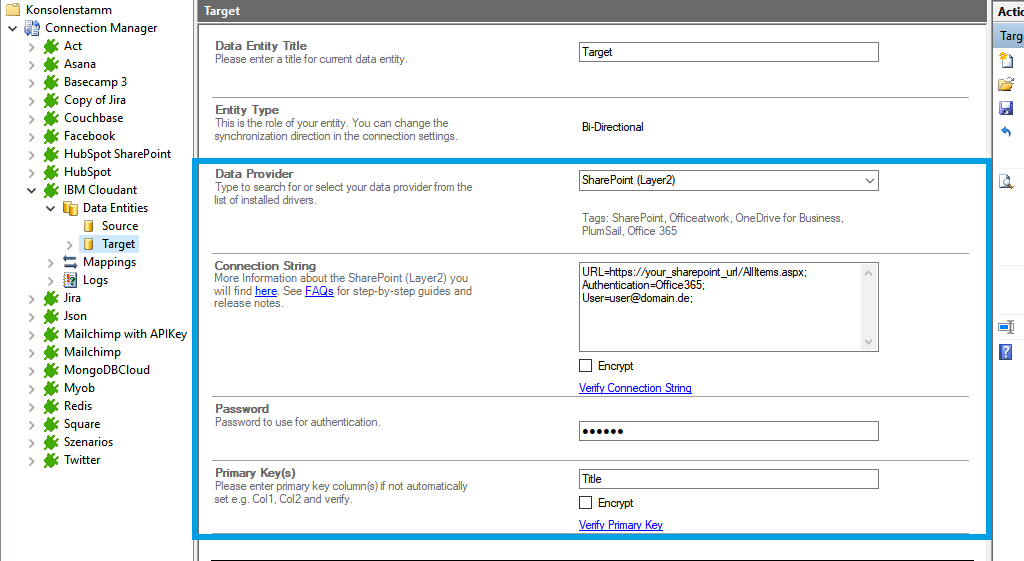 Target setup for Cloudant  integration in the Layer2 Cloud Connector