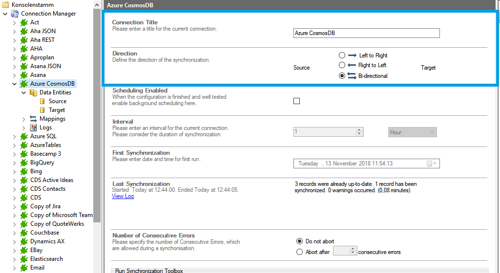 Step 1 CosmosDB connection setup bi-directional