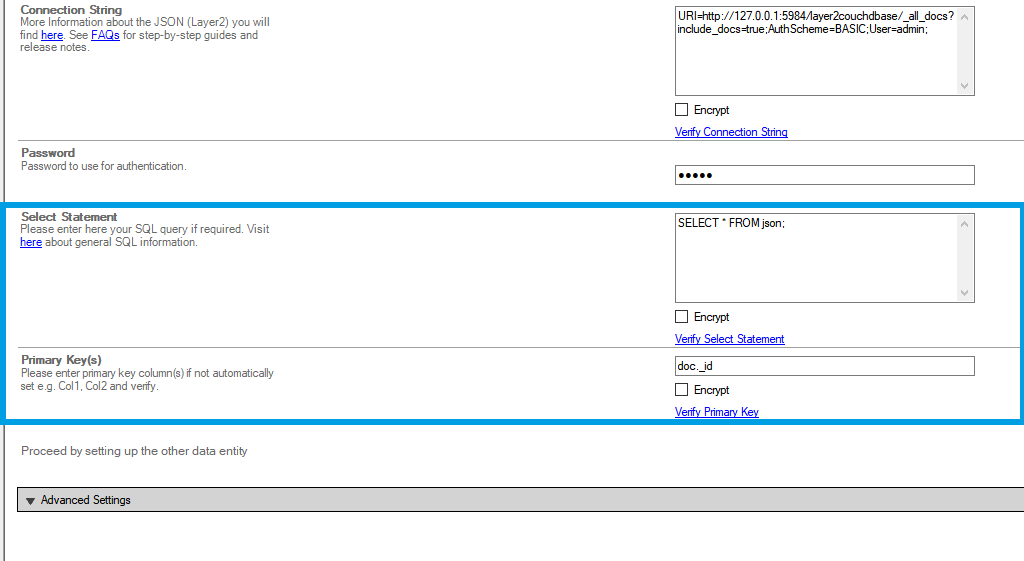 Connection string setup for couchdb data integration in the Layer2 Cloud Connector