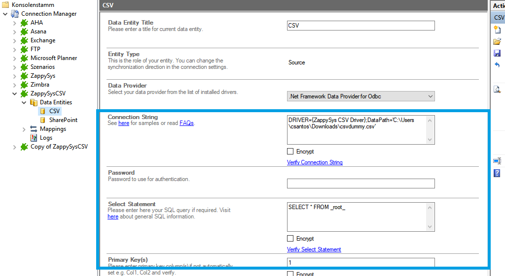 Step 2.5 CSV ZappySys integration connection string setup.png