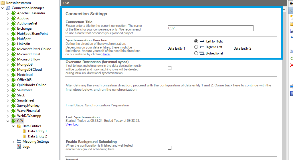 Connection setup for csv in the Layer2 Cloud Connector