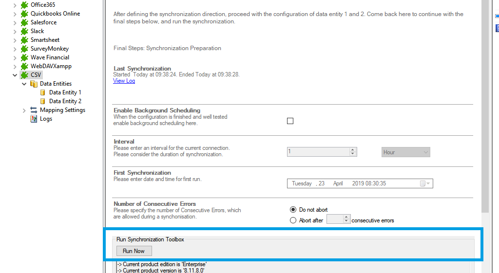 Start the data integration of csv