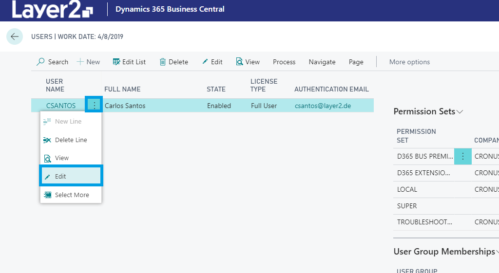 Business Central User Edit