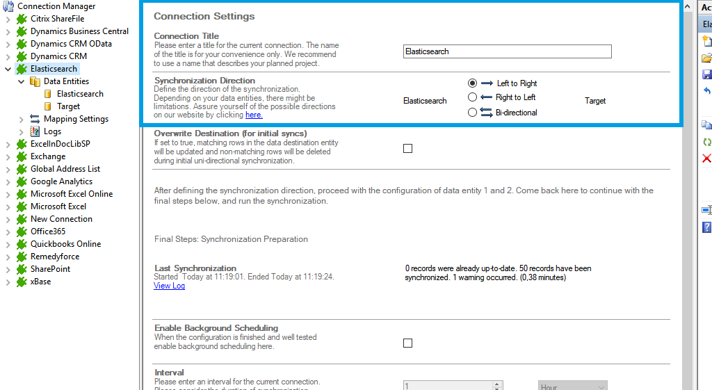 Connection setup for elasticsearch in the Layer2 Cloud Connector