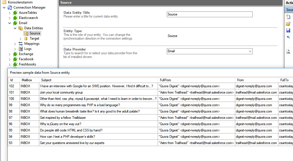 Preview data of Email integration