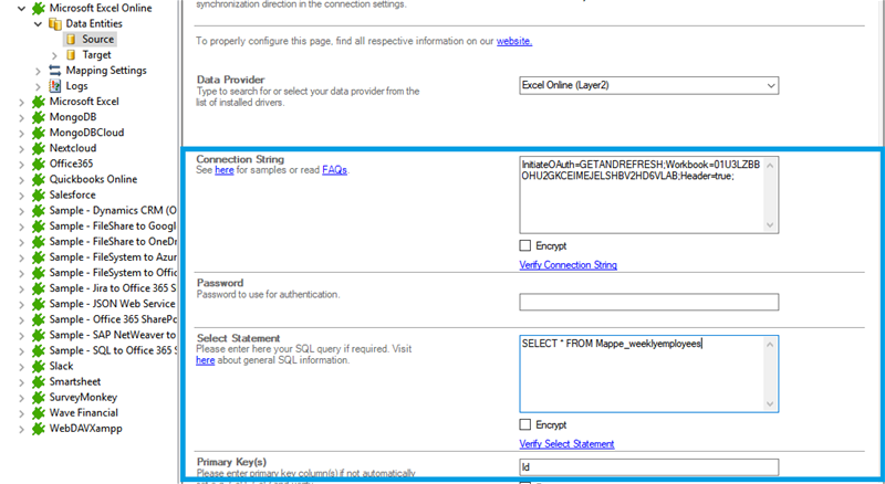 Connection string setup for sharepoint excel integration via Layer2 Cloud Connector