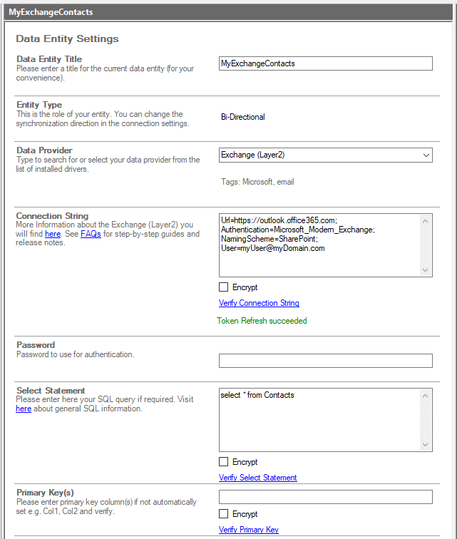 connection configuration Microsoft Exchange Online