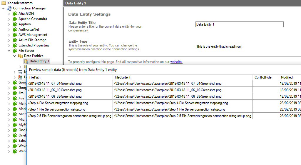 Screenshot of integration preview of a File Server integration and synchronization