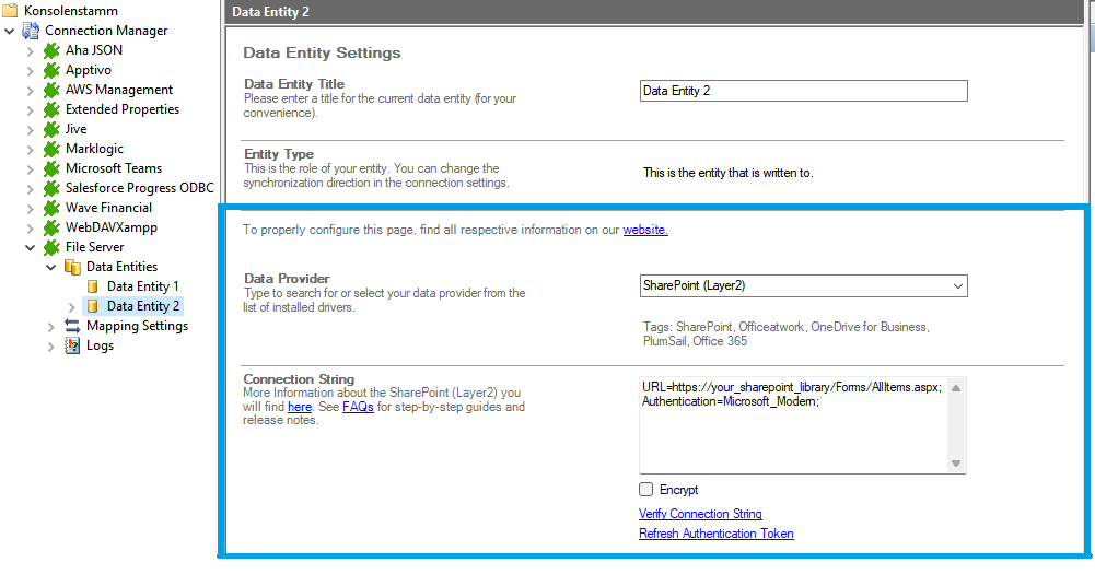 step-3-file-server-integration-target-setup Screenshot of Data Entity 2, where you can enter the information of SharePoint to connect it with File Server