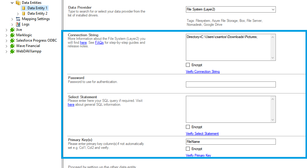 Step 2.5 File System NTFS extended attributes integration connection string setup