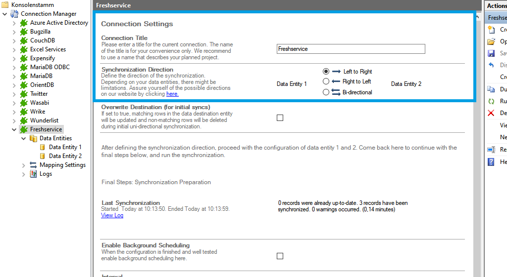 Connection setup for freshservice in the Layer2 Cloud Connector