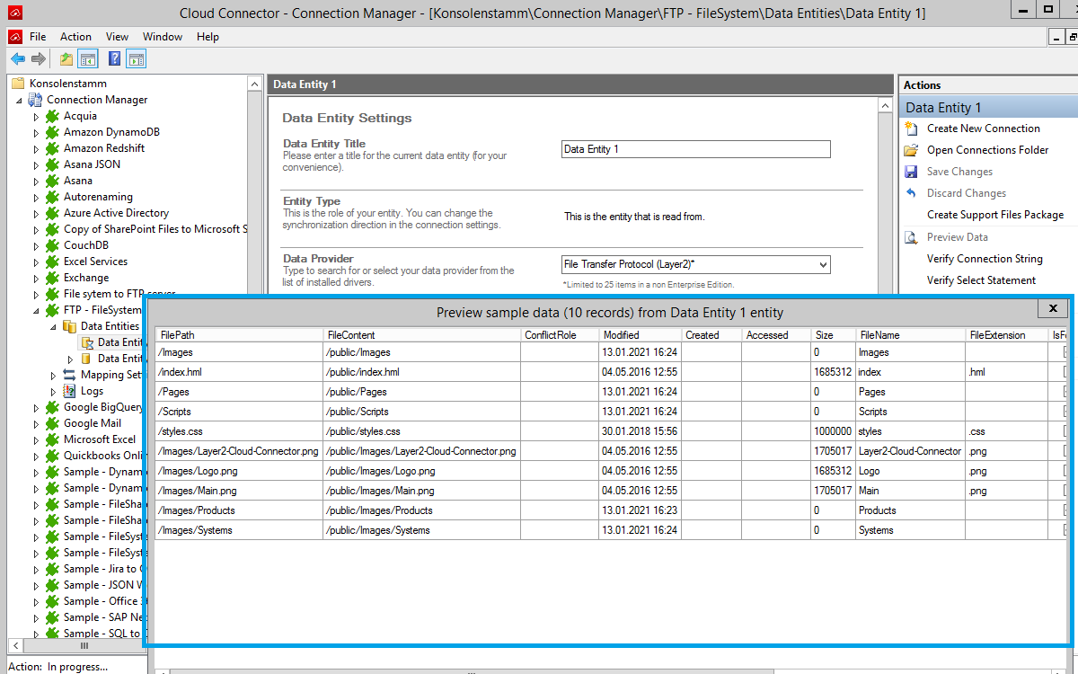 FTP Layer2 Cloud Connector Data Preview