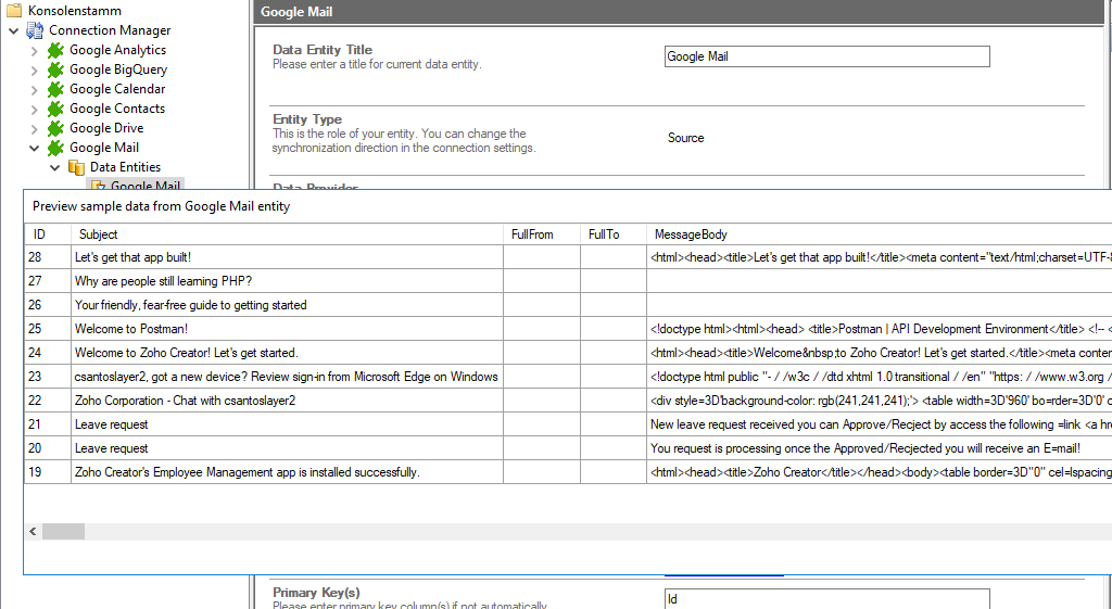 Data preview for Gmail integration with the Layer2 Cloud Connector