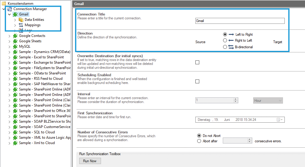 connection configuration in the Layer2 Cloud Connector for Gmail data integration