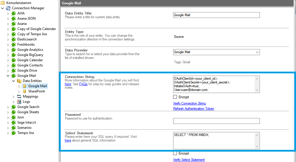 Connection string configuration with the Layer2 Cloud Connector for gmail data integration