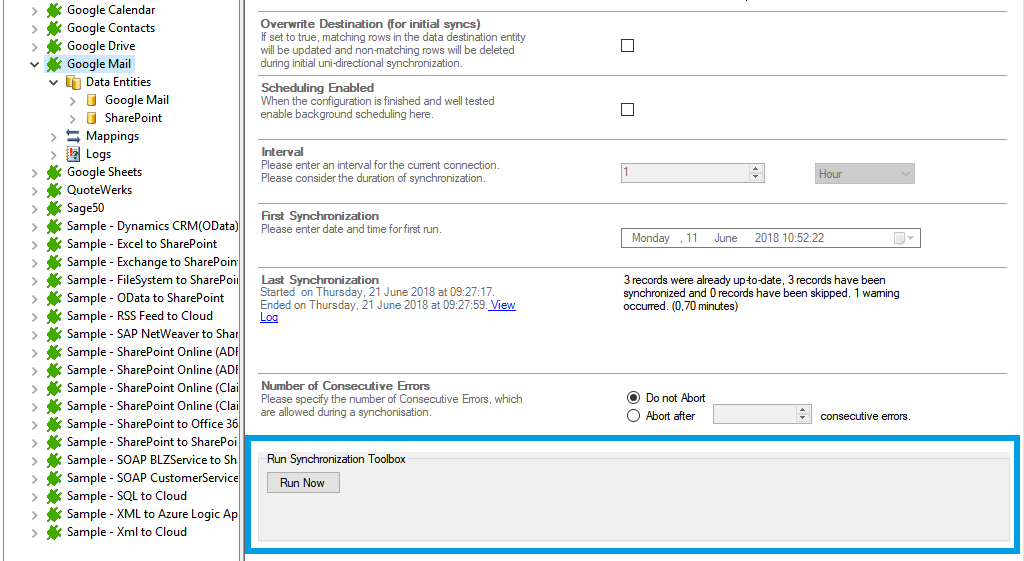 Run the GMail data integration via Layer2 Cloud Connector