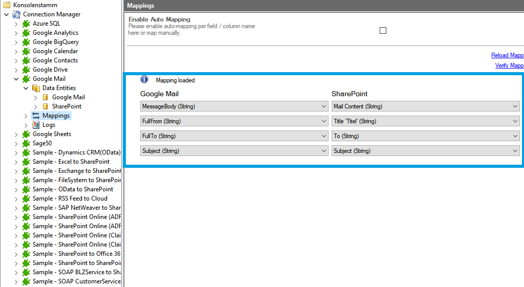 Mapping with the Layer2 Cloud Connector for Gmail data integration