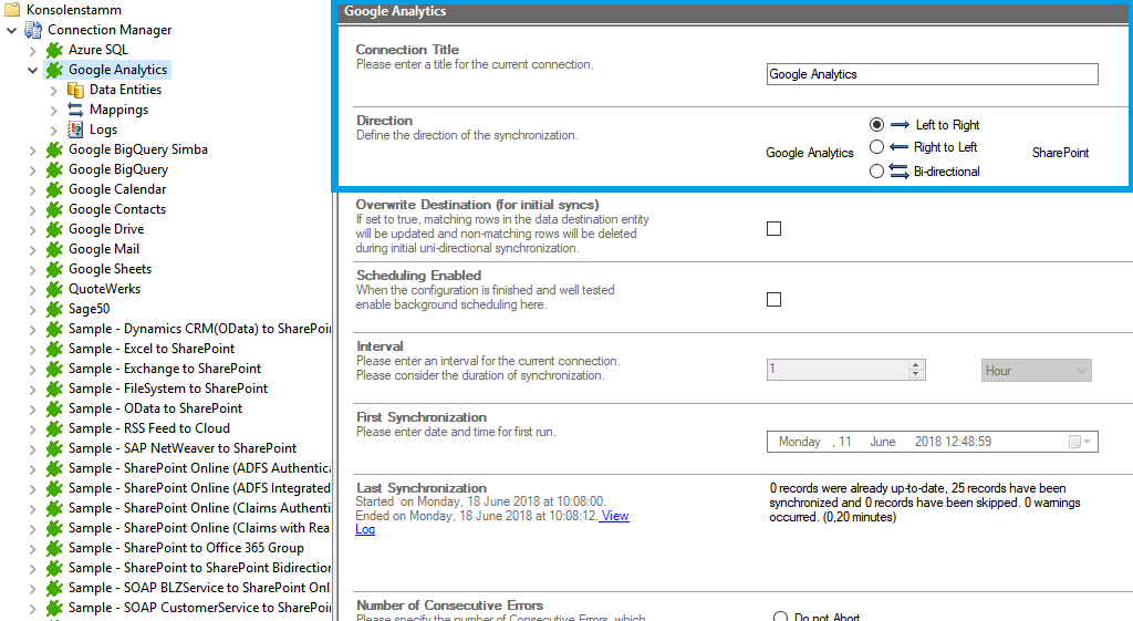 Connection setup for Google Analytics in the Layer2 Cloud Connector