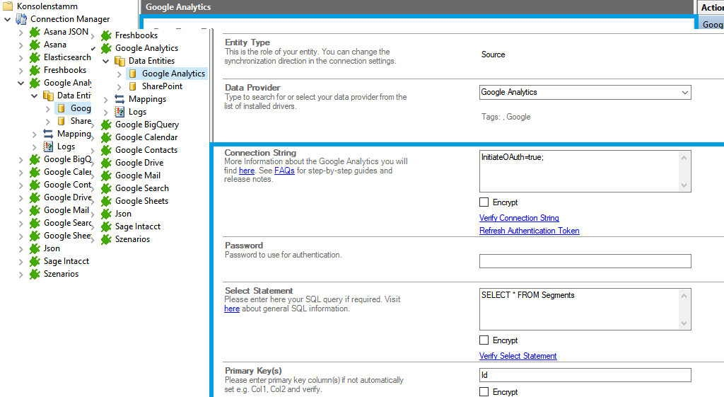 Connection string setup for Google Analytics data integration in the Layer2 Cloud Connector