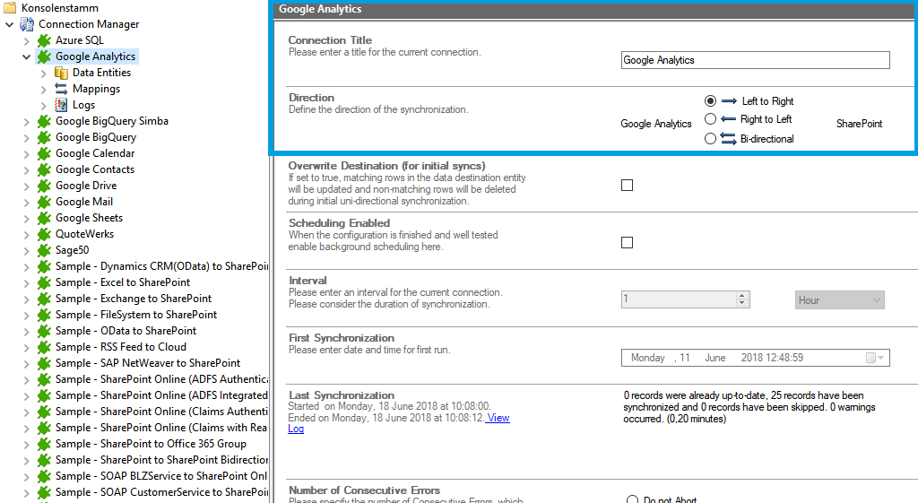 Connection configuration in the Layer2 Cloud Connector for a Google Analytics data integration