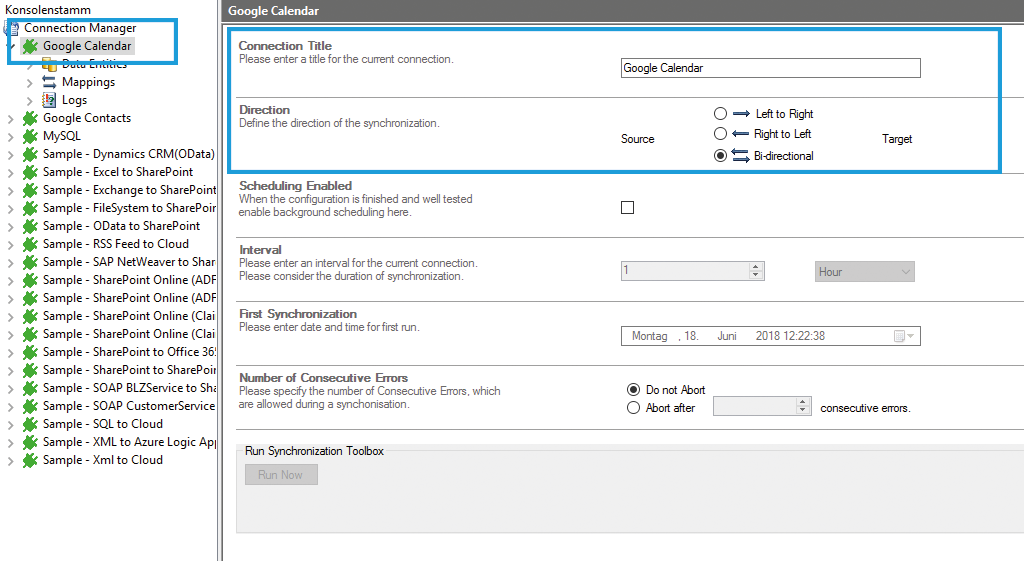 Configurations settings in the Layer2 Cloud Connector for Google Calendar data integration