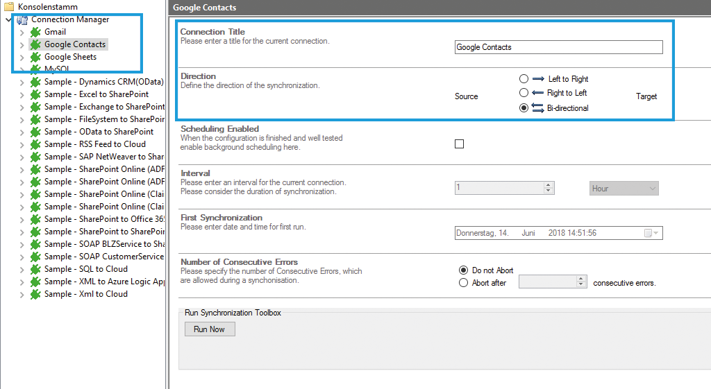 Connection configuration in the Layer2 Cloud Connector for Google Contacts data integration