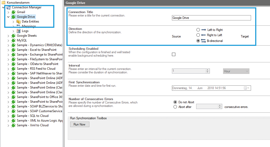 connection configuration in the Layer2 Cloud Connector for Google Drive data integration