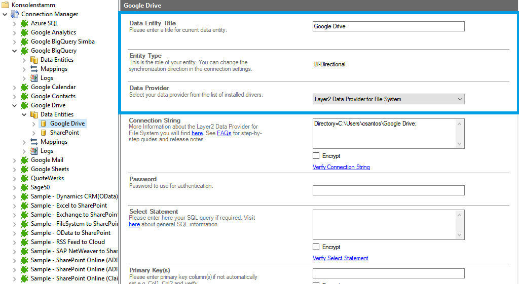 Connection setup in the Layer2 Cloud Connector for google drive data integration