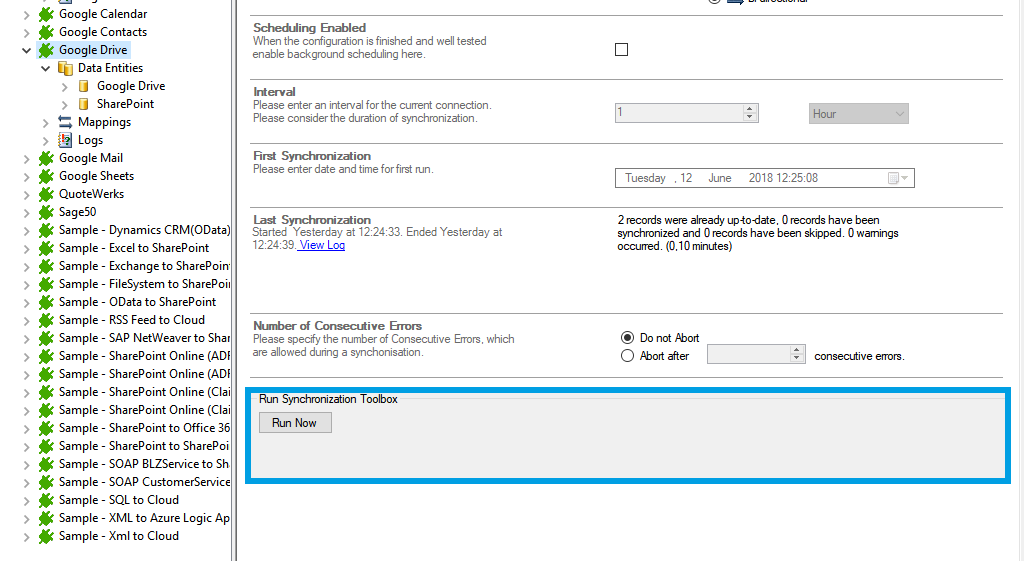 run the google drive data integration with the Layer2 Cloud Connector