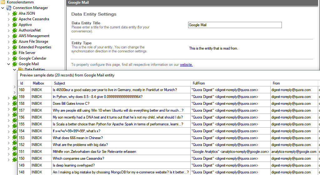 Preview data of google mail integration in the Layer2 Cloud Connector