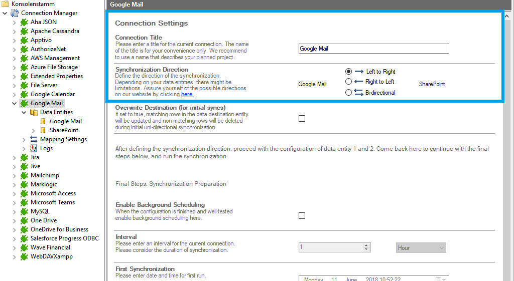 Connection setup for google mail in the Layer2 Cloud Connector