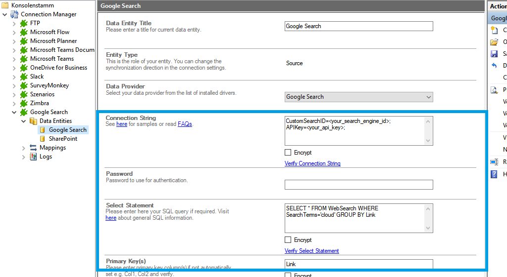 Connection string setup for Google Search data integration in the Layer2 Cloud Connector