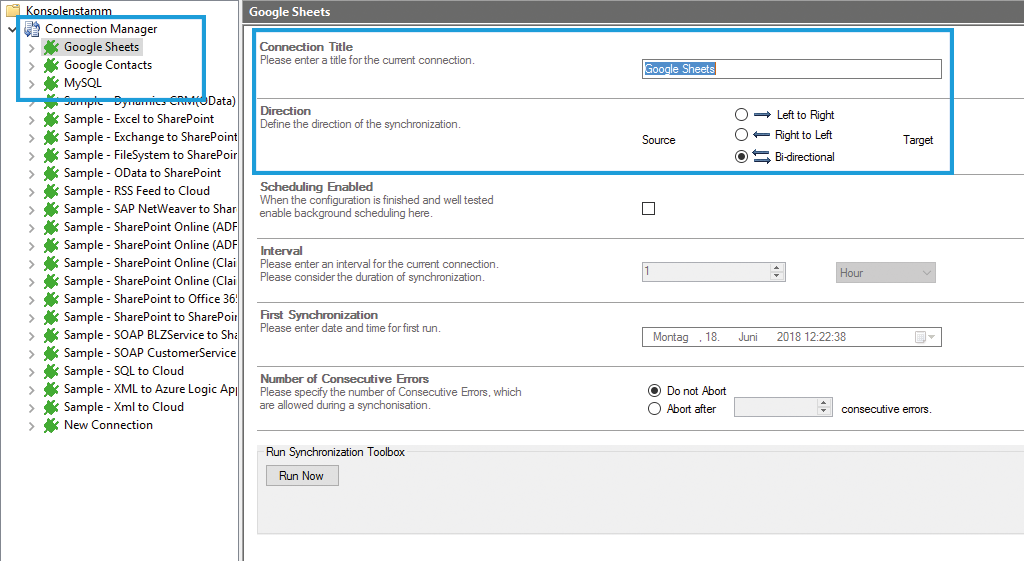 connection configuration for the Layer2 Cloud Connector for Google Sheets data integration