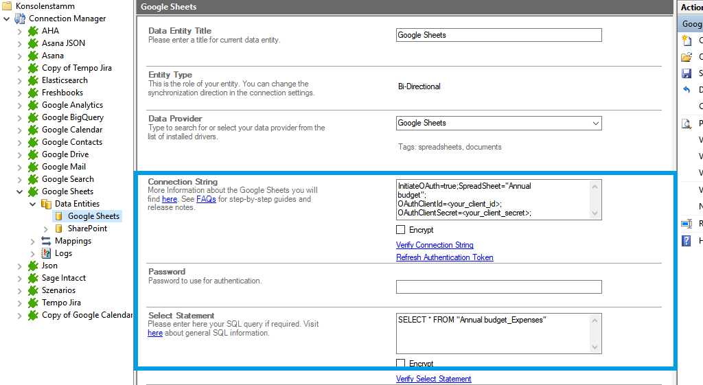 Configuration of the connection string in the Layer2 Cloud Connector for Google Sheets data integration