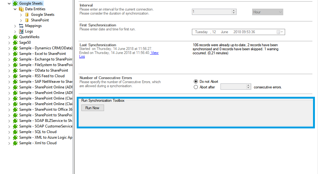 Run the Google Sheets data integration