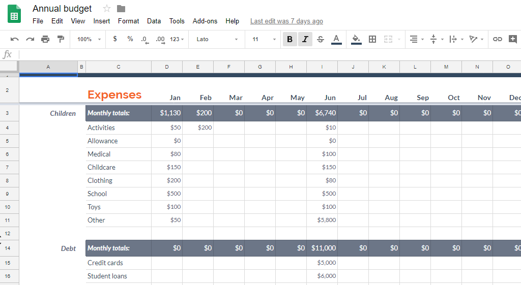 Example of Google Sheets data which have to be integrated in SharePoint via the Layer2 Cloud Connector