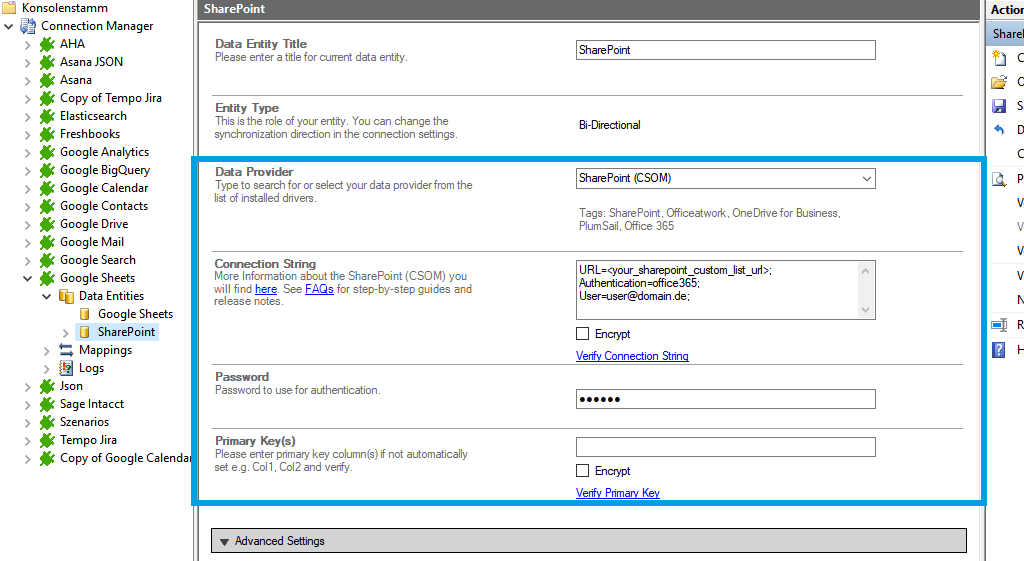 Target configuration in the Layer2 Cloud Connector for Google Sheets data integration