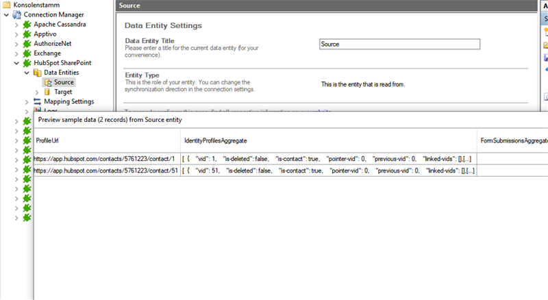 Screenshot of data preview of Hubspot integration