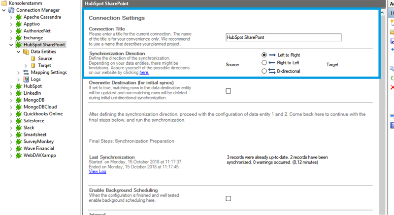 Screenshot of how to configure HubSpot and SharePoint in Layer2 Cloud Connector