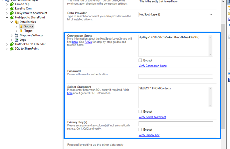 Step 2.5 Hubspot integration connection string setup