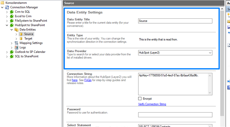 Acreenshot of Data Entity settings for a HubSpot integration