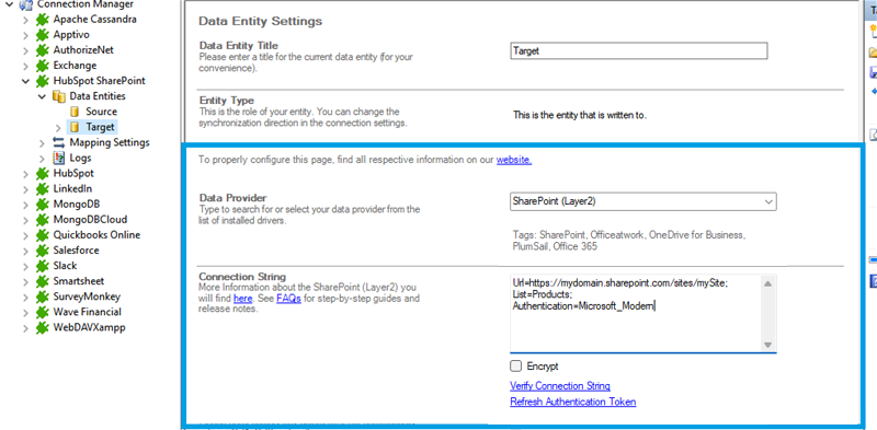 Screenshot of  Data Entity 2 configuration for HubSpot SharePoint integration