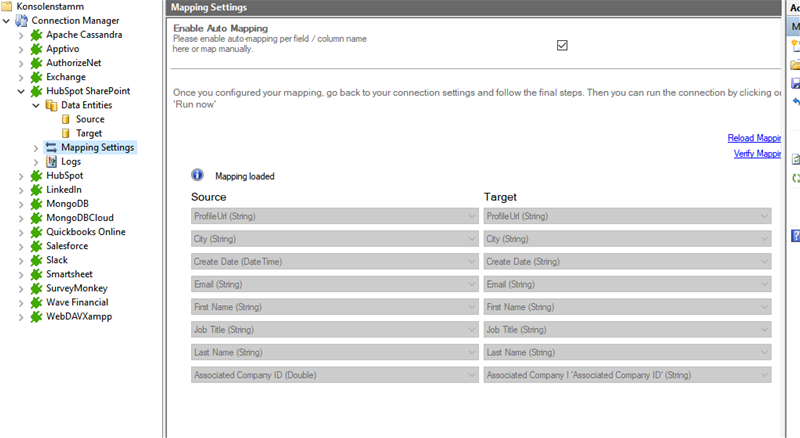 Screenshot of a HubSpot SharePoint integration mapping