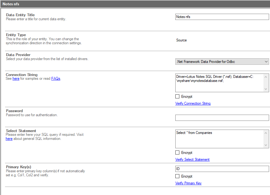 Configuration of Lotus Notes in the Connection Manager