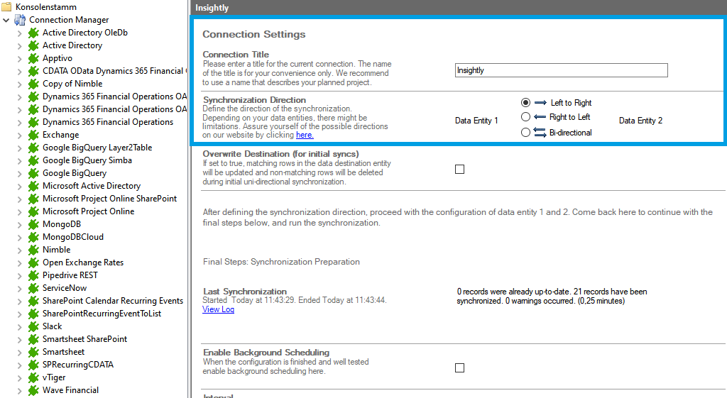 Connection setup for Insightly in the Layer2 Cloud Connector