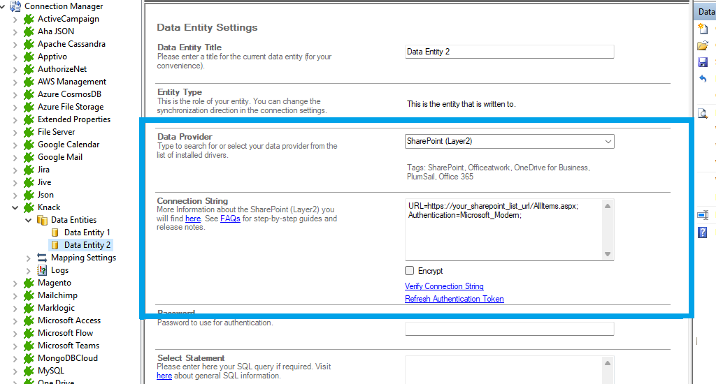 Target setup for Knack integration in the Layer2 Cloud Connector