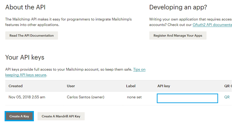 Mailchimp generated api key