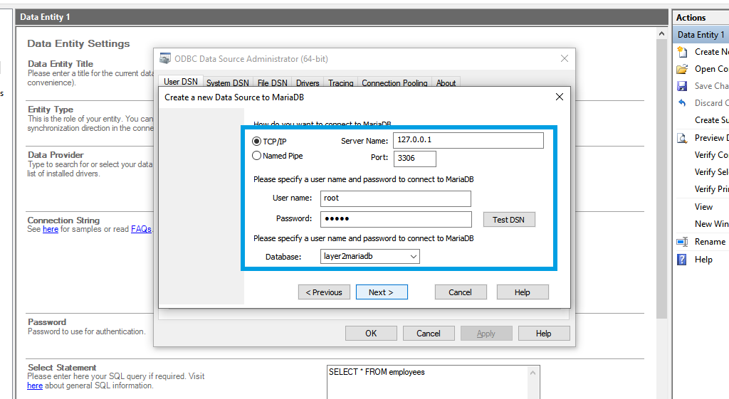 MariaDB ODBC connection settings