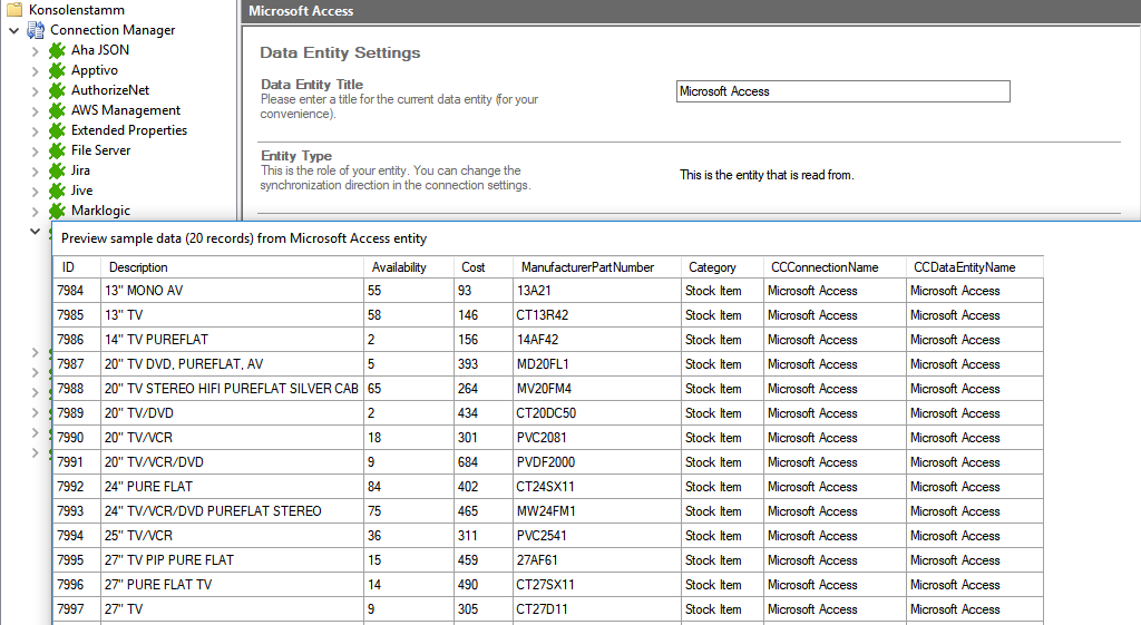 Step 3 Microsoft Access integration target setup Screenshot of a preview that shows data we want to sync from Microsoft Access to SharePoint